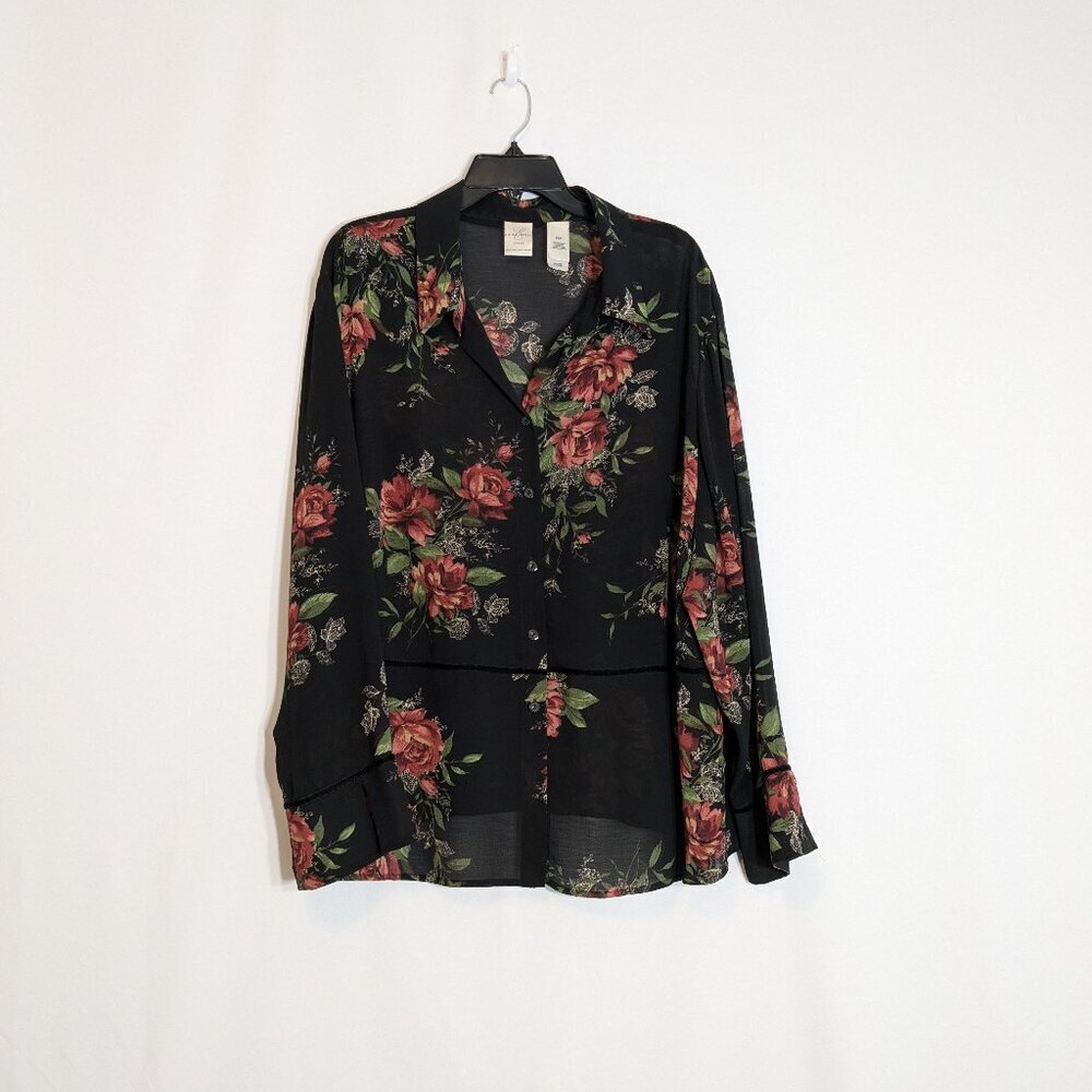 EMMA JAMES, Liz Claiborne, Black/Red Floral Long Sleeve Button Blouse; Size 22W